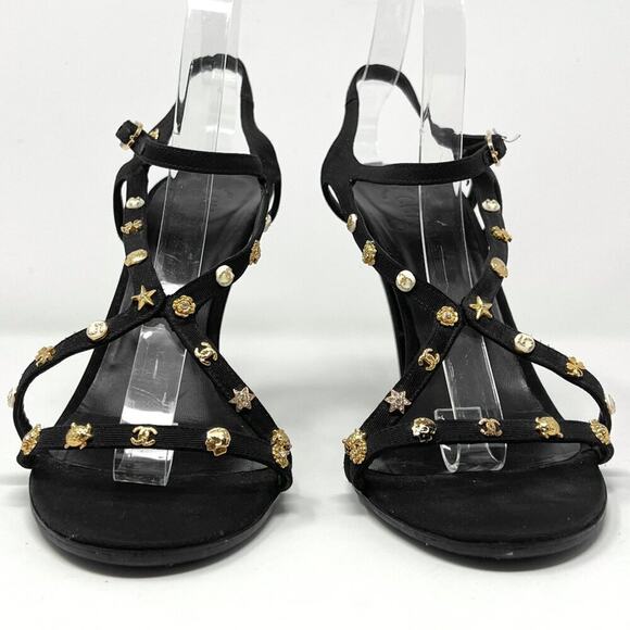 Chanel Black Embellished Strappy Heels 41 Gold Icon Studs Karl Lagerfeld Era - Picture 5 of 10